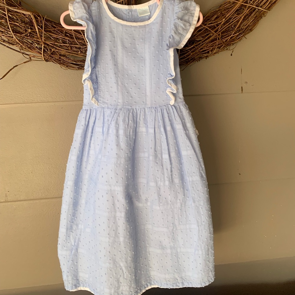 Edgehill collection blue linen Swiss dot Pinafore dress ties in the back size 5